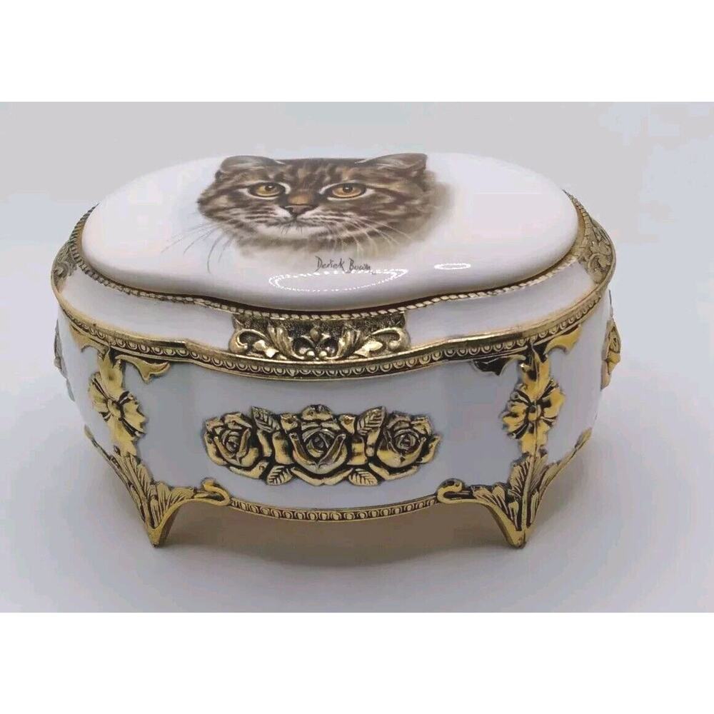 Westland Musical Jewelry Box Memory Derrick Brown Tabby Cat Japan Porcelain